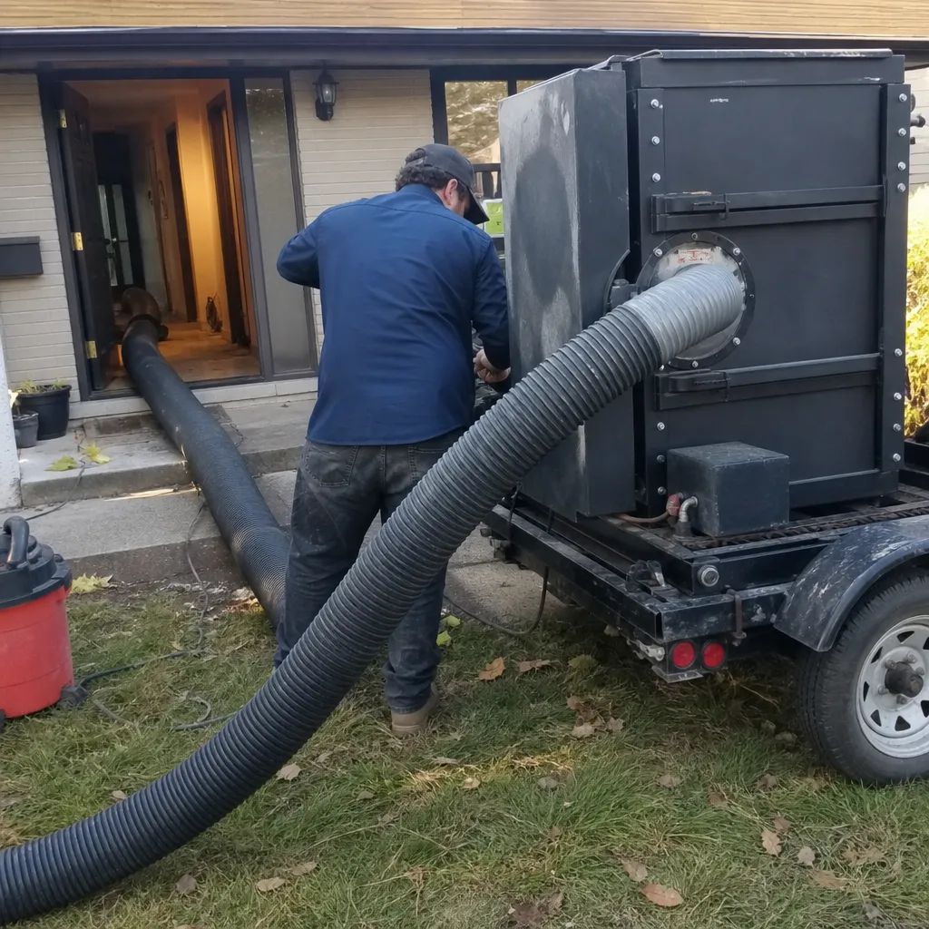 Technician using professional industrial vacuum equipment for residential air duct cleaning