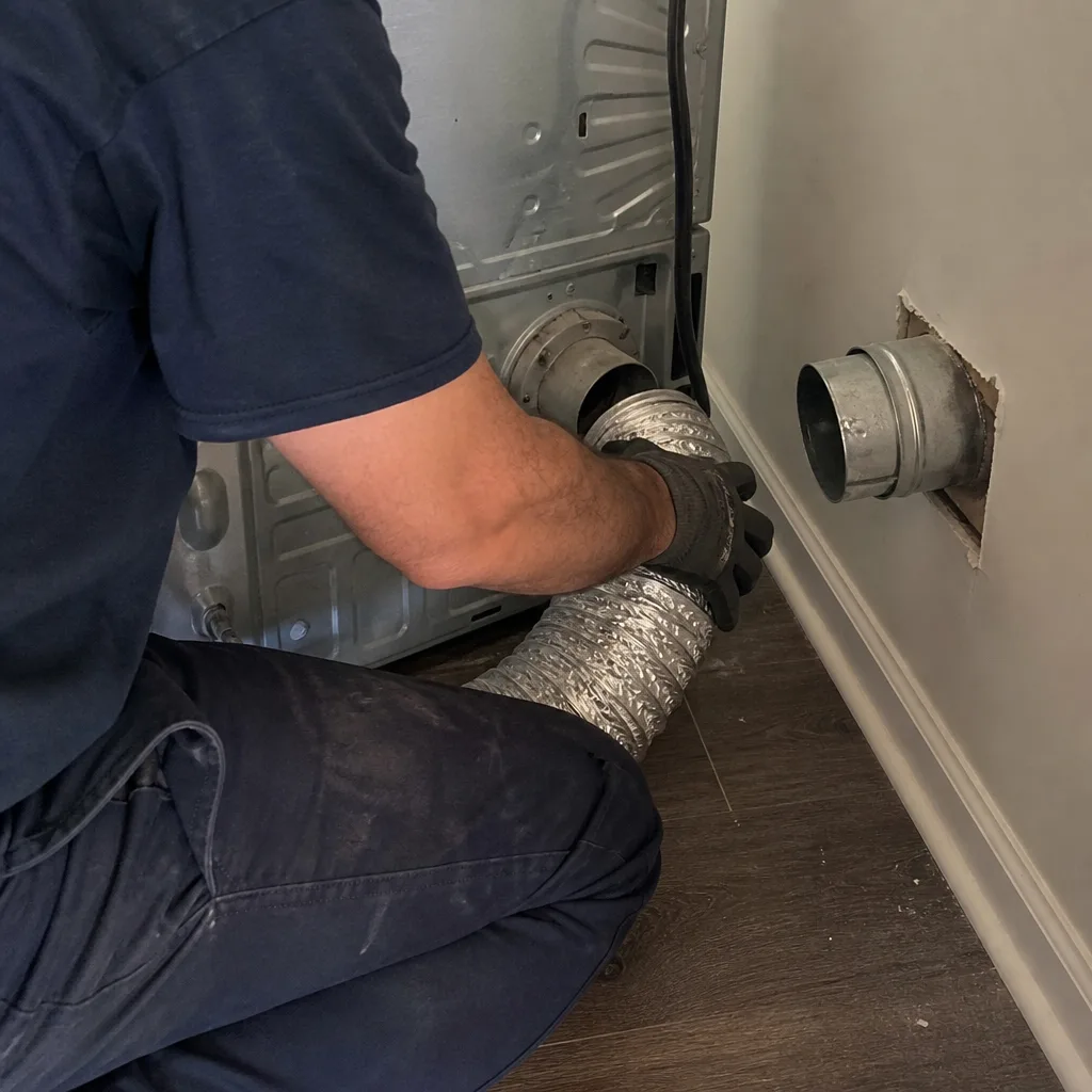 Technician connecting a flexible dryer vent hose to a clothes dryer