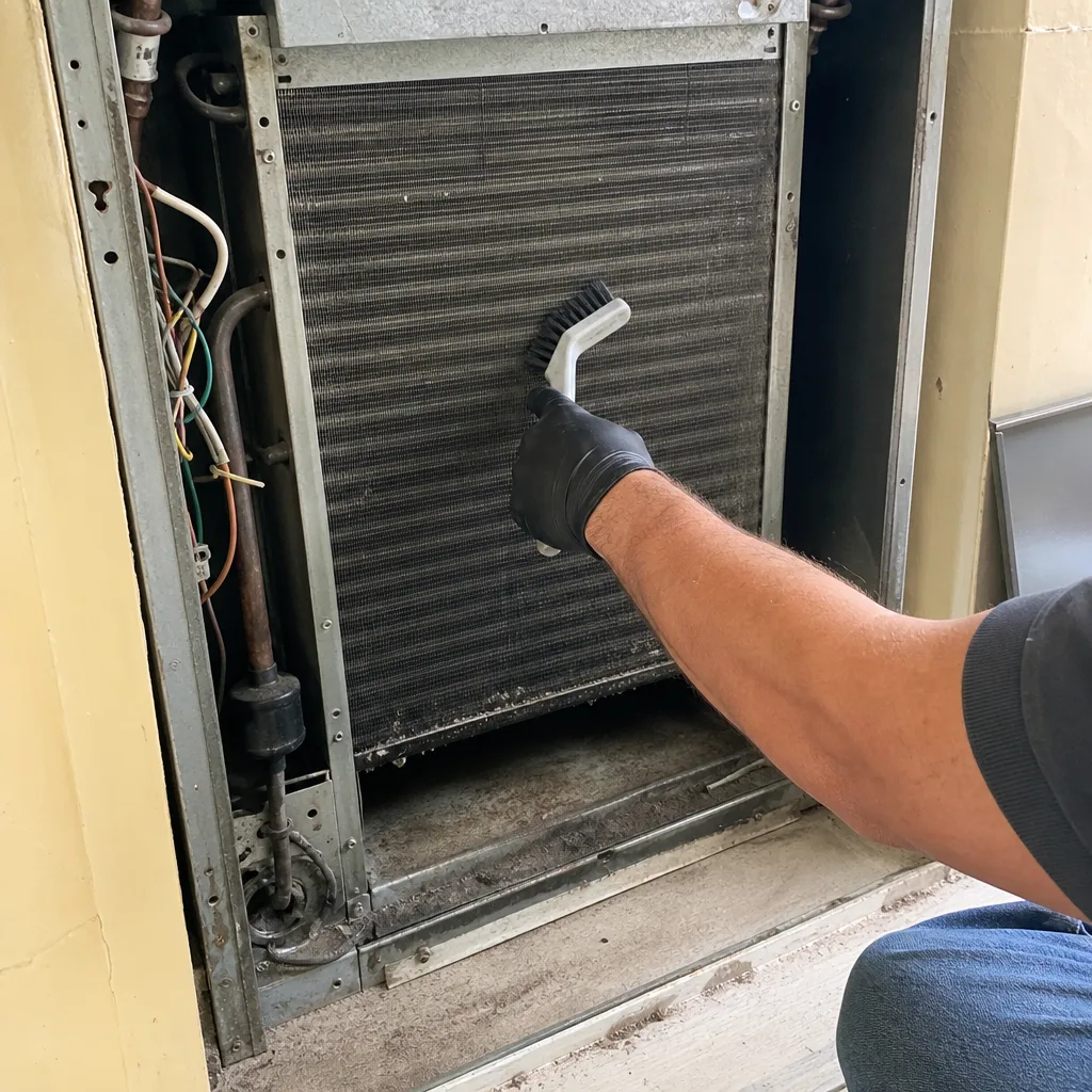 Technician cleaning HVAC cooling coils with a professional brush