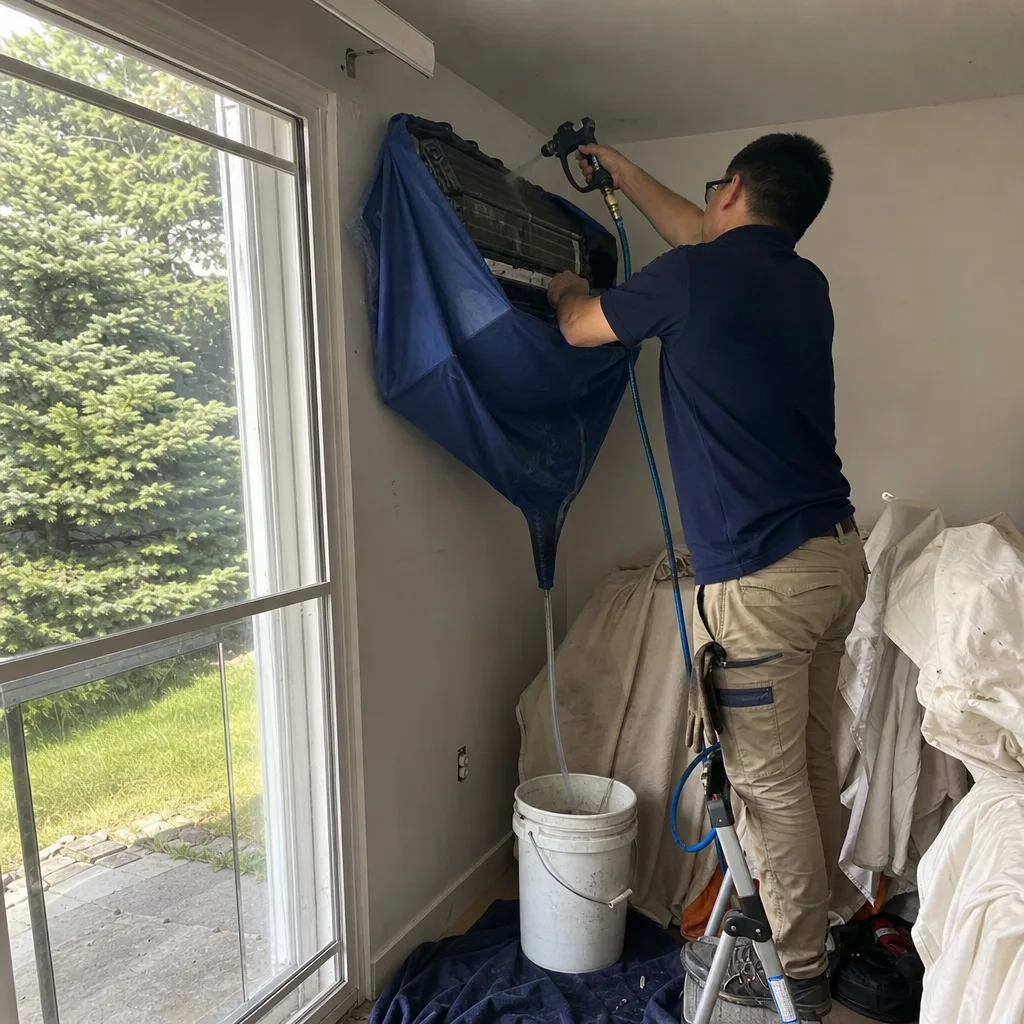 HVAC technician cleaning a wall-mounted mini-split air conditioner unit