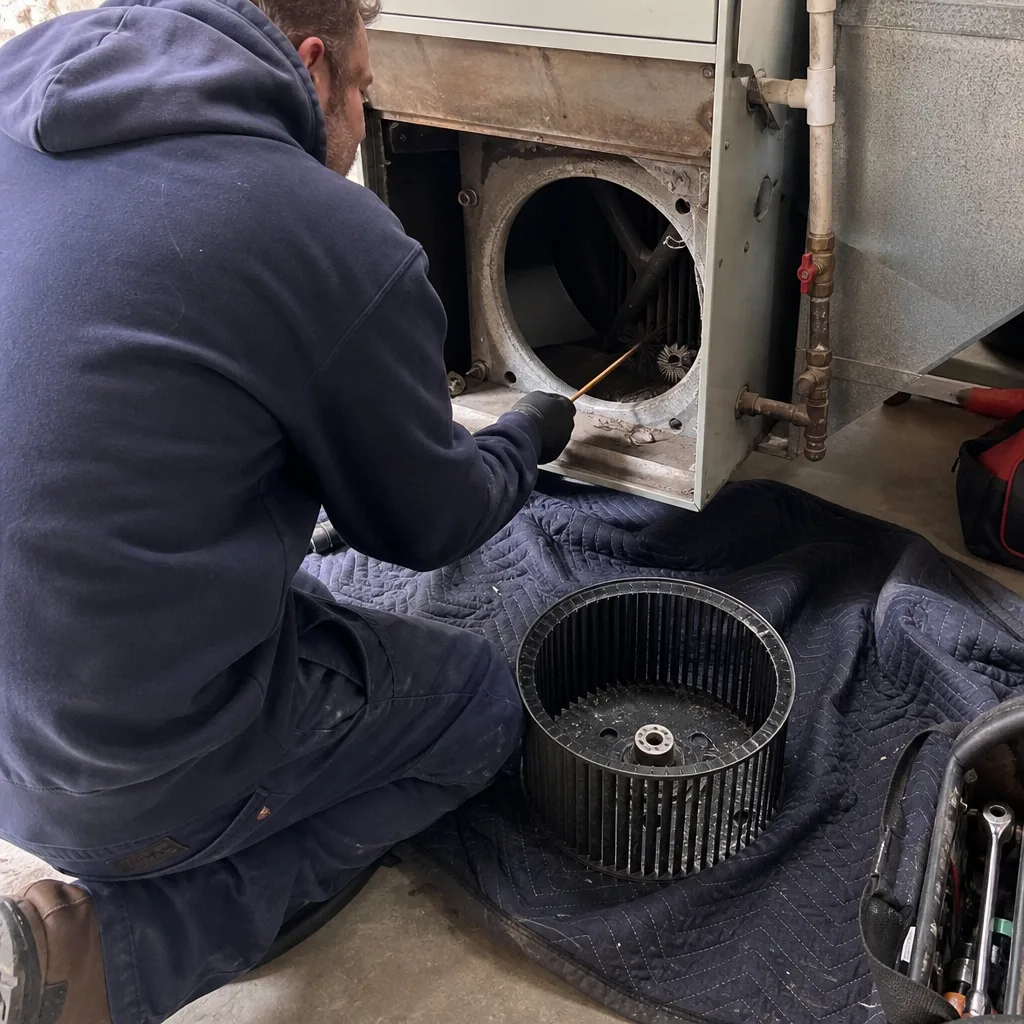 Technician performing professional HVAC cleaning and blower wheel maintenance on a furnace.